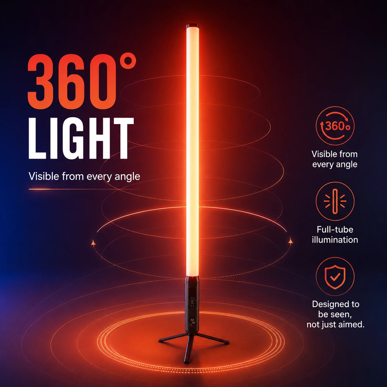 SurgeFX SF-BPT360 360 degree tube light infographic showing full tube illumination visible from every angle.