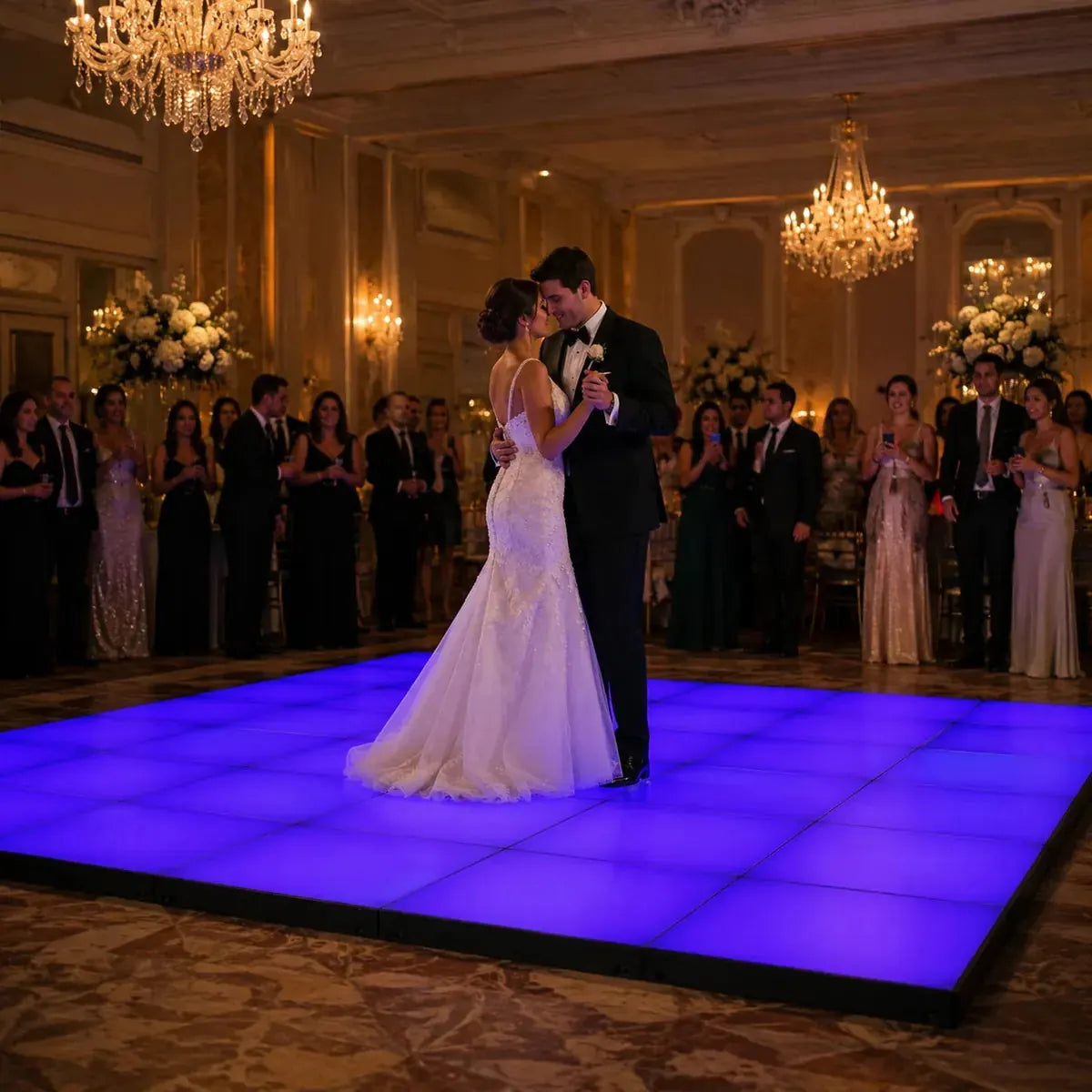 Wedding reception featuring Rainbow LED Magnetic Dance Floor with elegant lighting