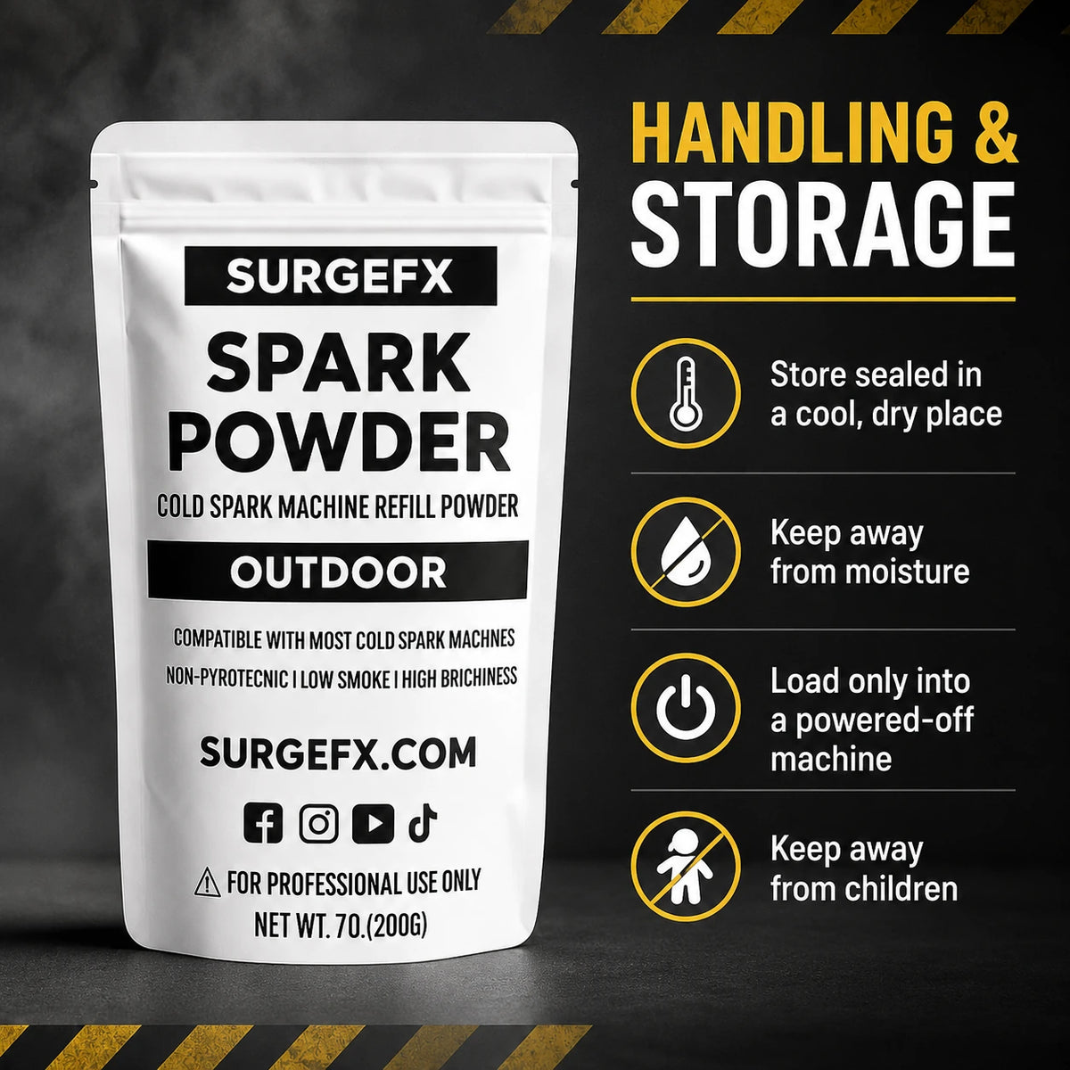 Cold Spark Powder Outdoor Edition handling and storage instructions including cool dry storage, moisture protection, loading into powered-off machines, and keeping away from children.