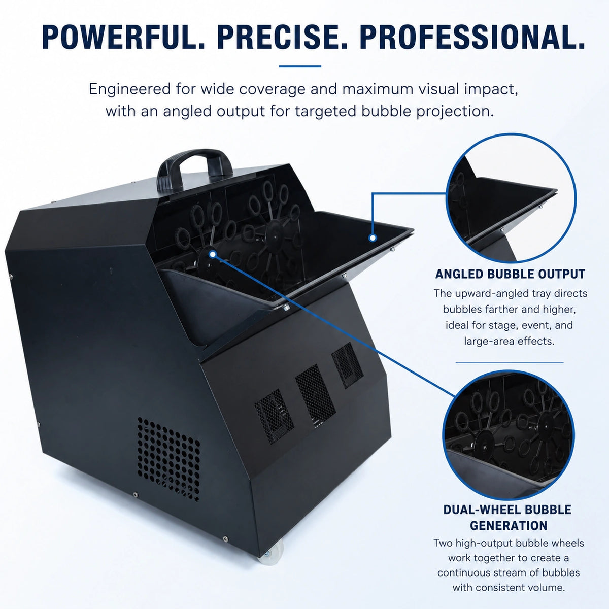 SurgeFX Cyclone bubble machine key features, 2.5L tank, remote/manual control, and bubble-only output.
