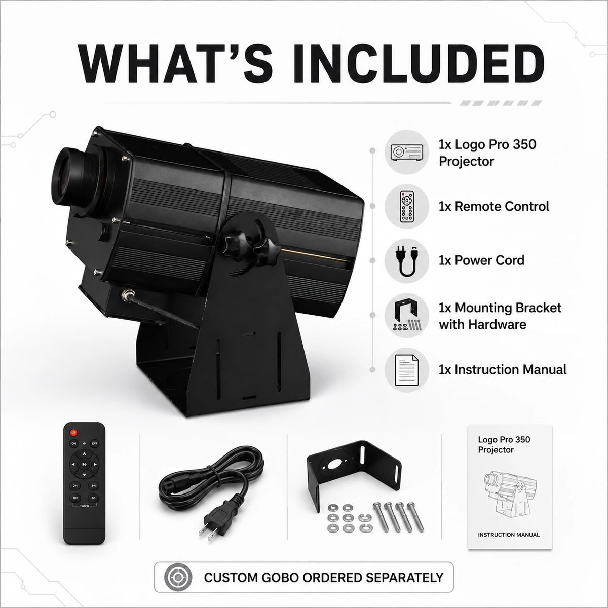 What’s included graphic for the SurgeFX Logo Pro 350 showing the projector, remote control, power cord, mounting bracket with hardware, and instruction manual