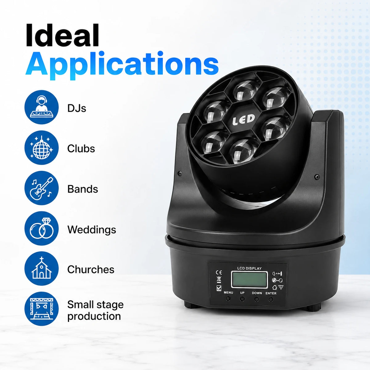 SF-BE615 mini bee eye LED moving head light ideal applications including DJs, clubs, bands, weddings, churches, and small stage production.