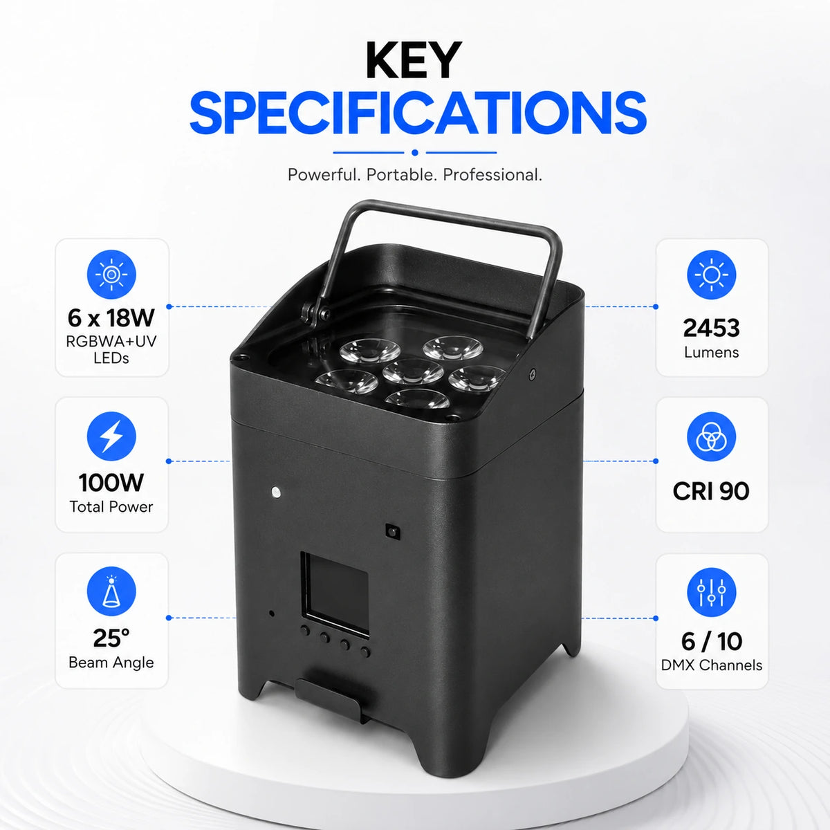 SurgeFX wireless battery powered uplight key specifications infographic