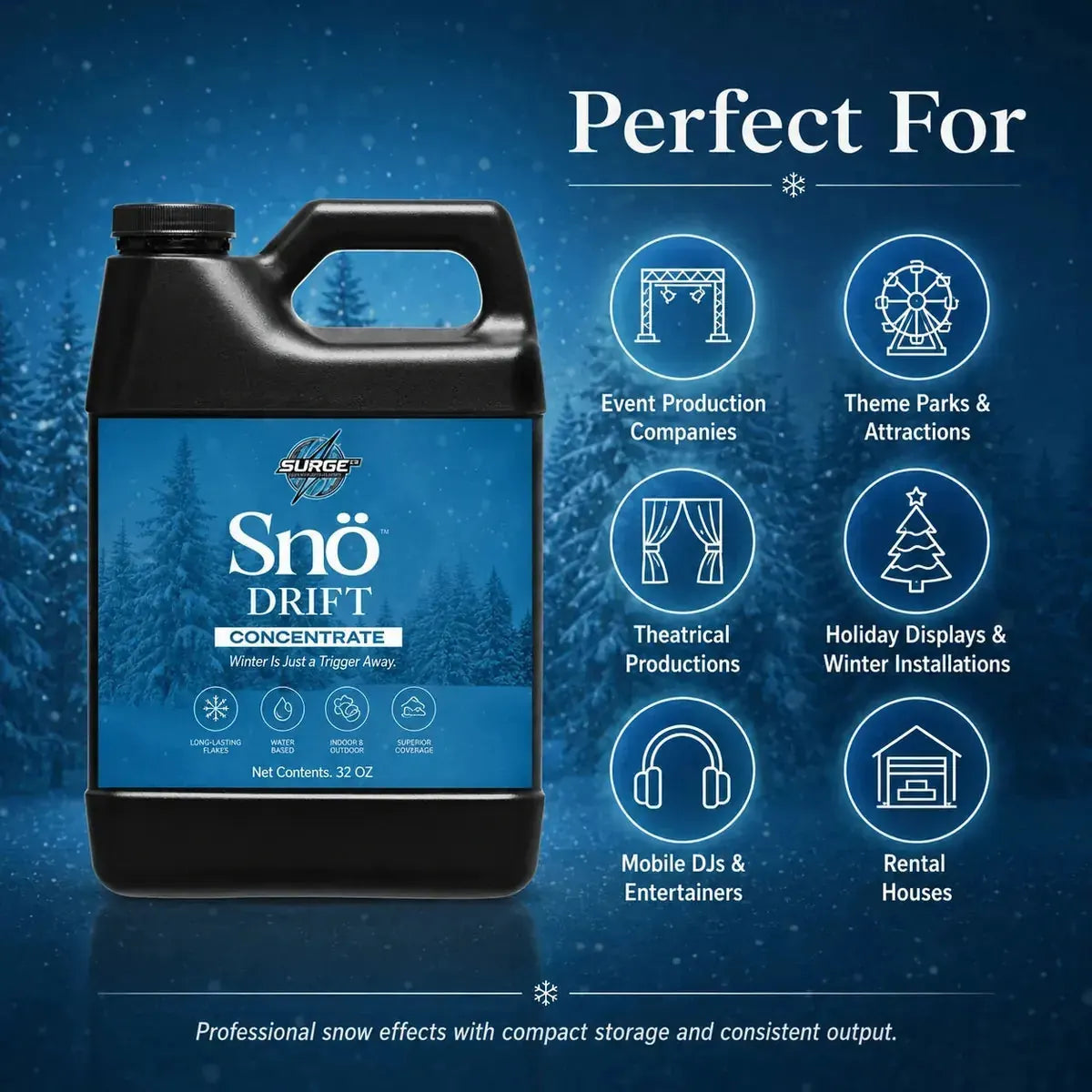 Snö Drift concentrated snow solution use cases for event production, theme parks, theaters, holiday displays, DJs, and rental houses