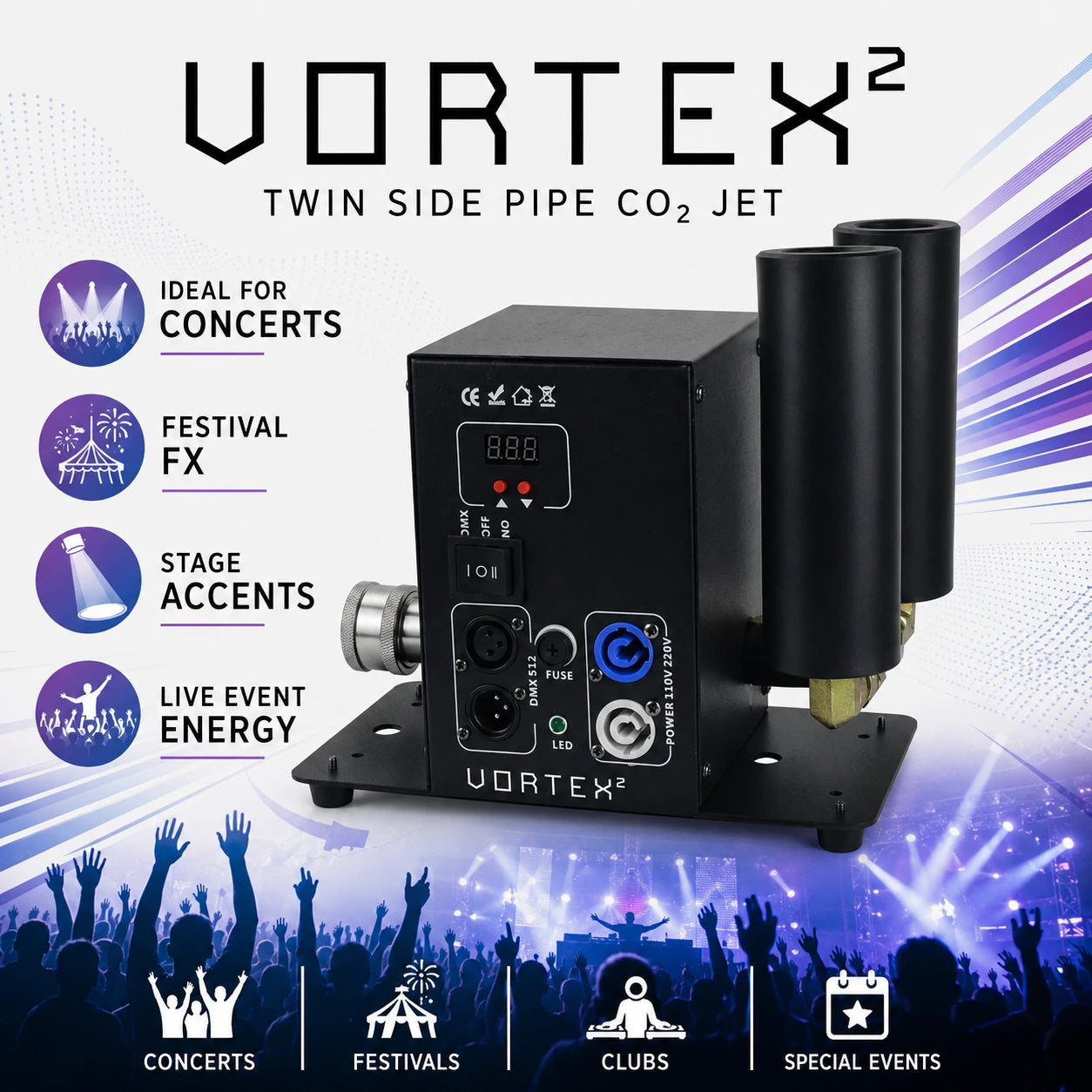 SurgeFX Vortex² Twin Side Pipe CO2 Jet live event applications