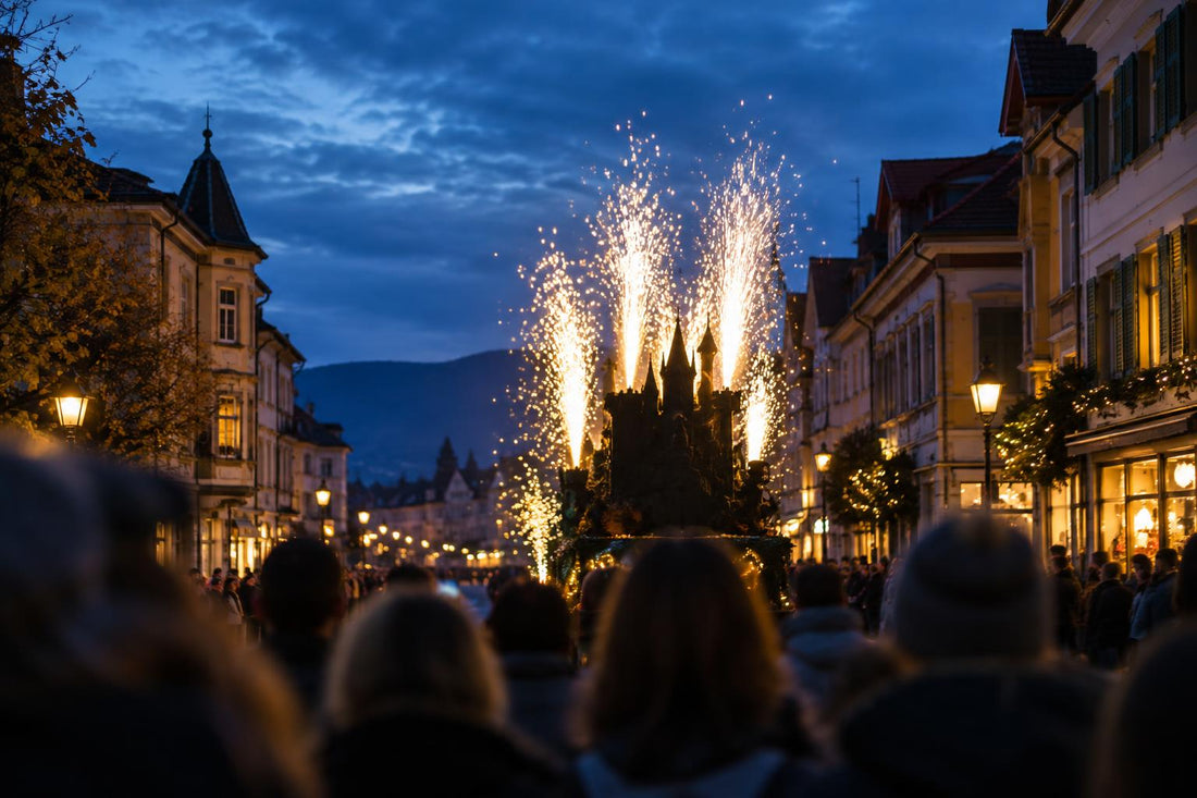Gold-white sparks rising from a parade float on a blue-hour street with spectators as silhouettes