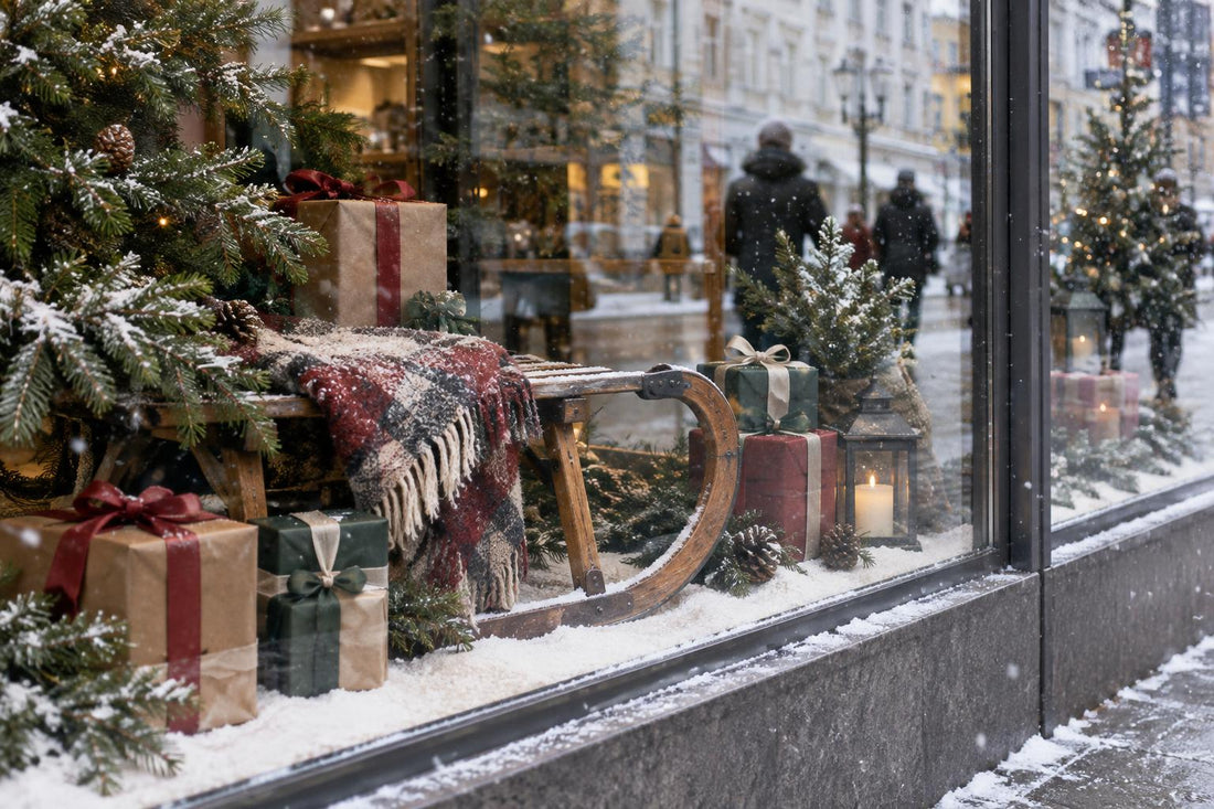 Snow falls inside a holiday shop window past pine branches, gift boxes and a sled, with blurred passers-by