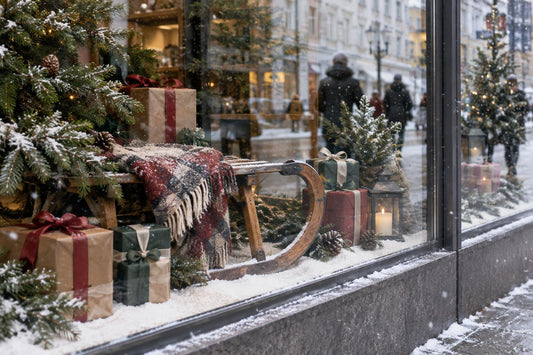 Snow falls inside a holiday shop window past pine branches, gift boxes and a sled, with blurred passers-by