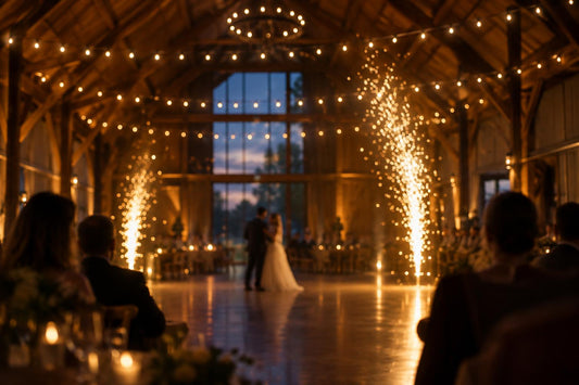 A couple in a barn hall at dusk, seen from afar, with golden sparks rising beside them