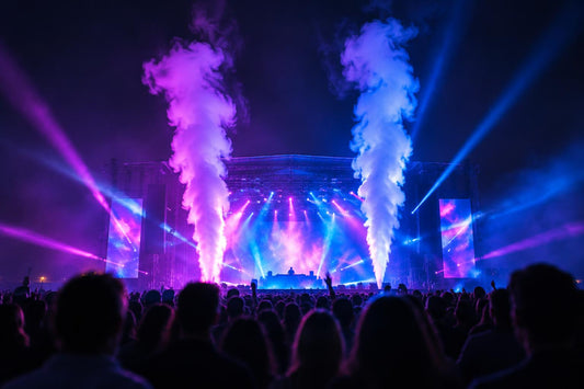 Crowd seen from behind at a night concert as tall white CO2 plumes rise above a stage under magenta and blue beams