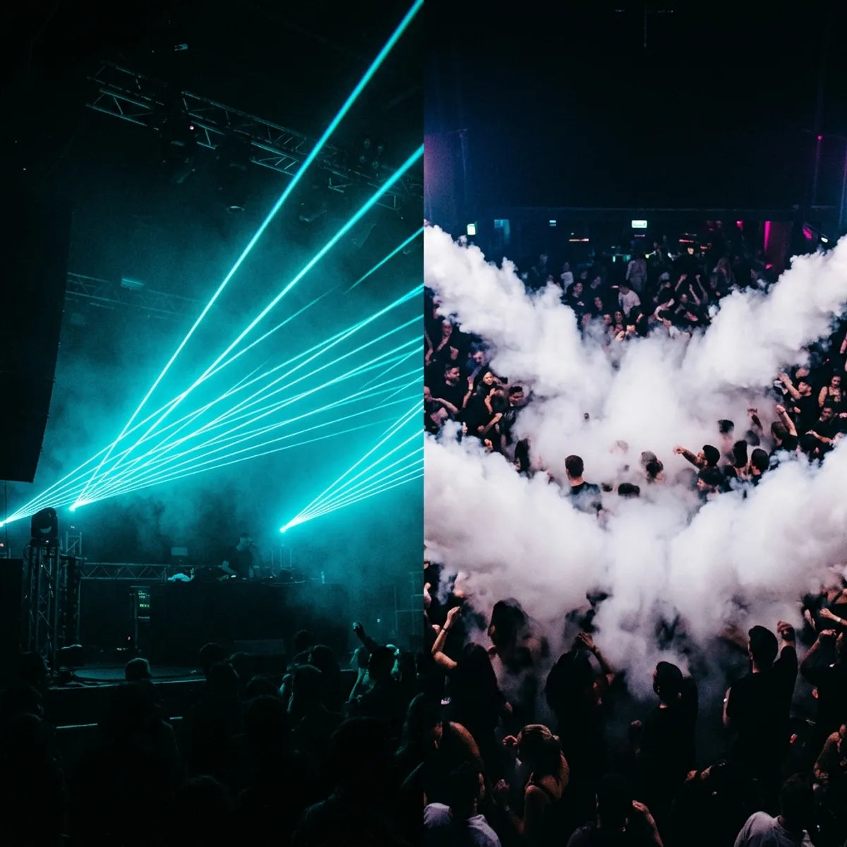 Haze machine vs fog machine split — cyan laser beams through atmospheric haze on the left, dense rolling fog on a dance floor on the right