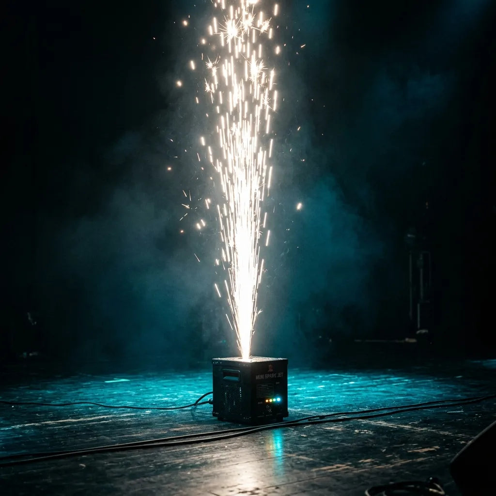 Mini cold spark machine erupting a fountain of white-gold sparks on a dark stage — SurgeFX