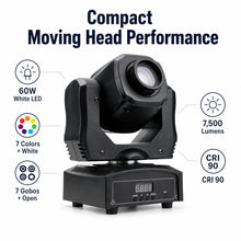 Mini beam LED moving head light compact performance infographic showing 60W white LED, 7500 lumens, 7 colors, 7 gobos, and CRI 90.