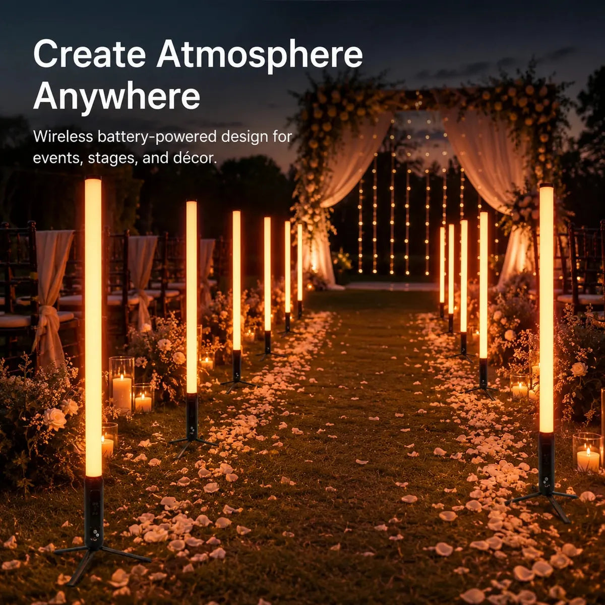 SurgeFX SF-BPT360 wireless tube lights creating warm event atmosphere for aisles, stages, and decor.