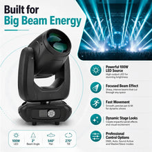 Moving head beam light features infographic showing 100W LED source, 2 degree beam angle, 540 degree pan, 270 degree tilt, and control modes.