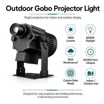 Outdoor gobo projector light features infographic showing 1000 lumens, 6000K daylight, IP65 waterproof rating, and 50000-hour lifespan.