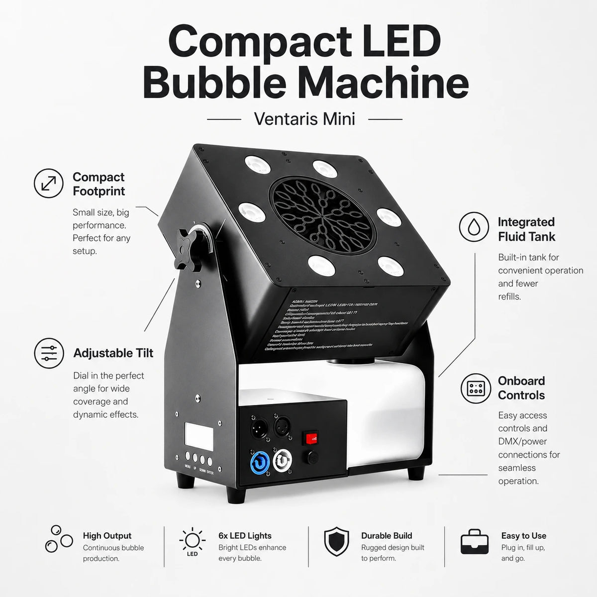 Feature callout image for the Ventaris Mini LED bubble machine showing compact bubble output, RGBW LEDs, and DMX remote control