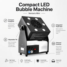 Feature callout image for the Ventaris Mini LED bubble machine showing compact bubble output, RGBW LEDs, and DMX remote control