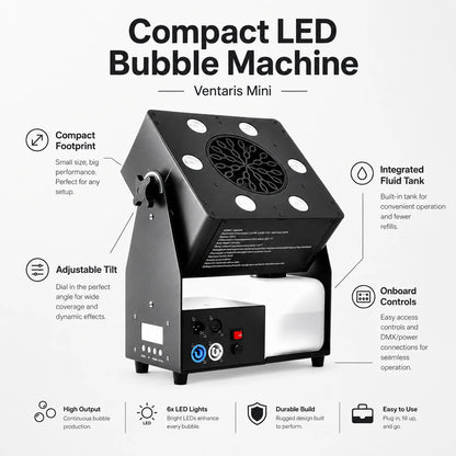 Feature callout image for the Ventaris Mini LED bubble machine showing compact bubble output, RGBW LEDs, and DMX remote control