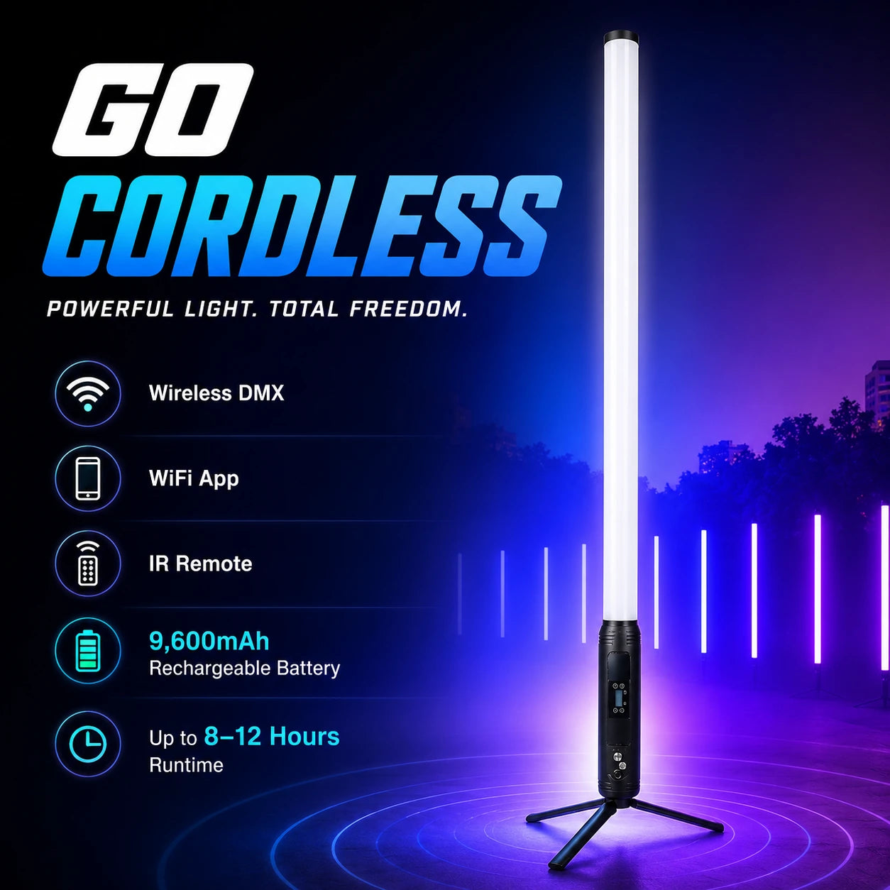 SurgeFX SF-BPT360 cordless tube light infographic showing wireless DMX, WiFi app, IR remote, 9600mAh rechargeable battery, and up to 8 to 12 hours runtime.