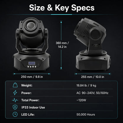 Gobo LED moving head light size and specifications infographic showing dimensions, weight, power, IP33 indoor use, and LED lifespan.
