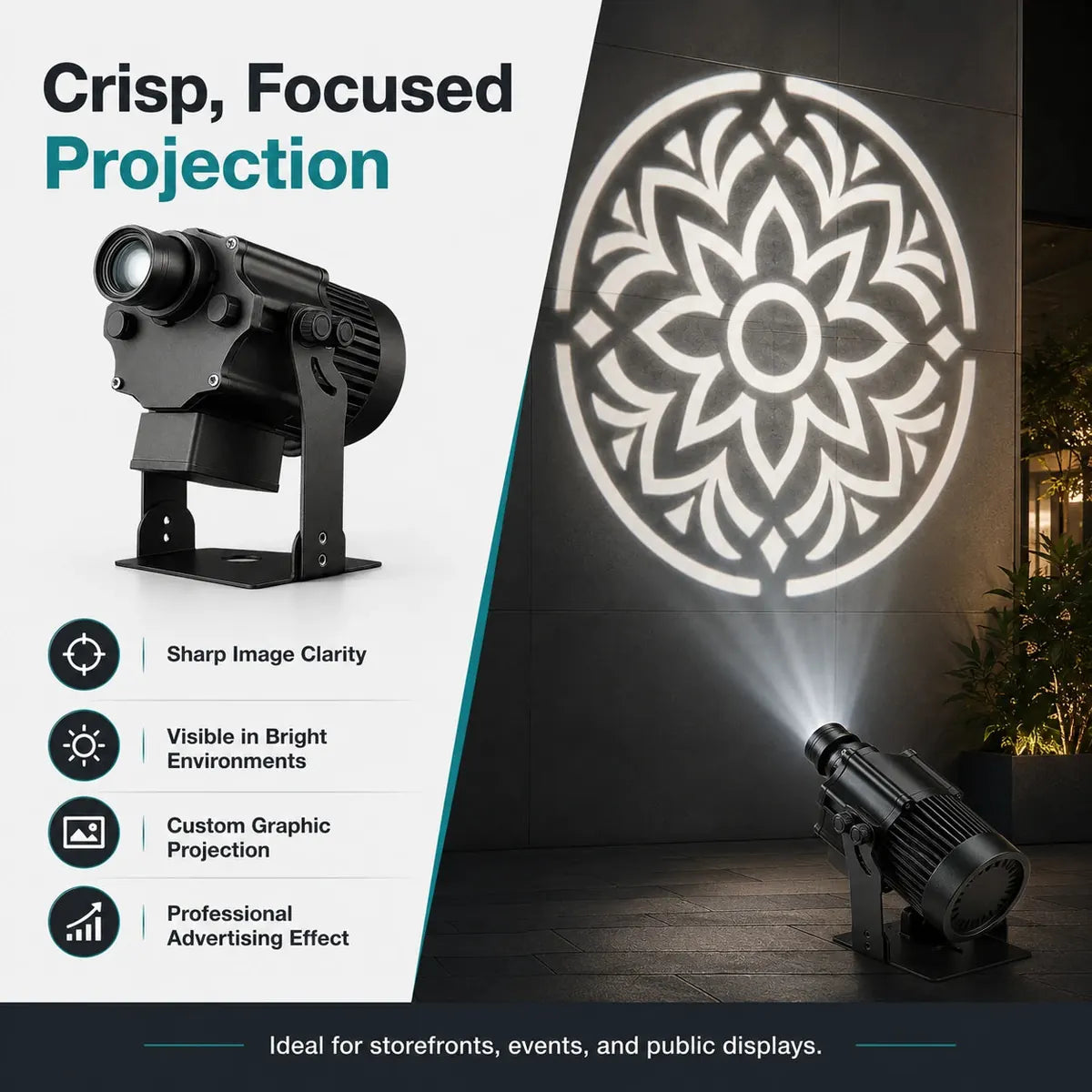 Gobo projector light infographic showing crisp focused projection and custom graphic display capability.