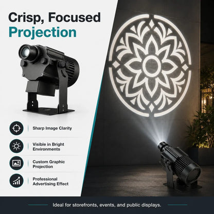 Gobo projector light infographic showing crisp focused projection and custom graphic display capability.
