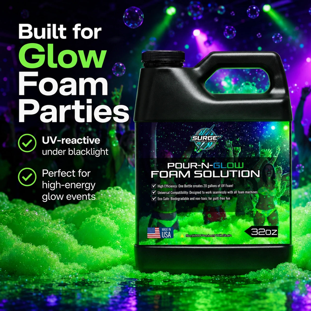 32oz UV Foam Solution – Pour & Glow Packs - In Action
