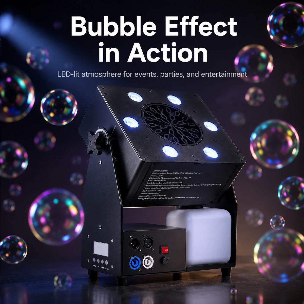 Ventaris Mini LED bubble machine producing bubbles for an event setup