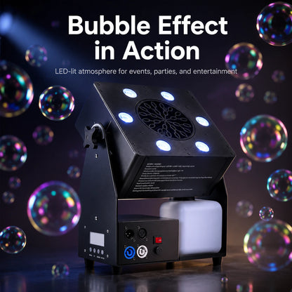 Ventaris Mini LED bubble machine producing bubbles for an event setup