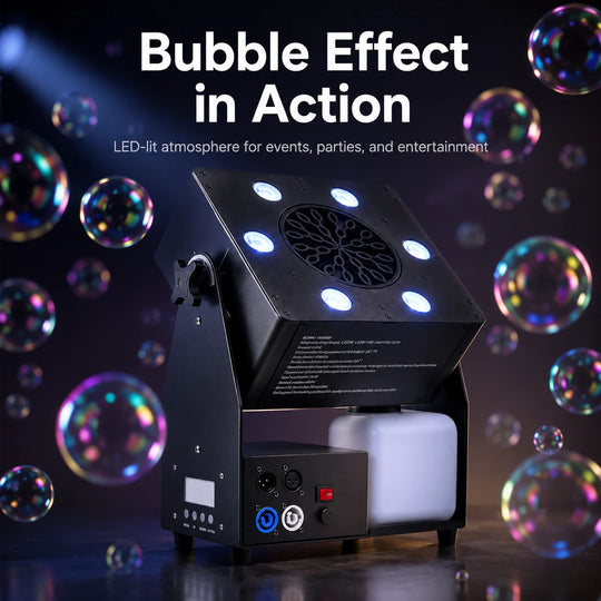 Ventaris Mini LED bubble machine producing bubbles for an event setup
