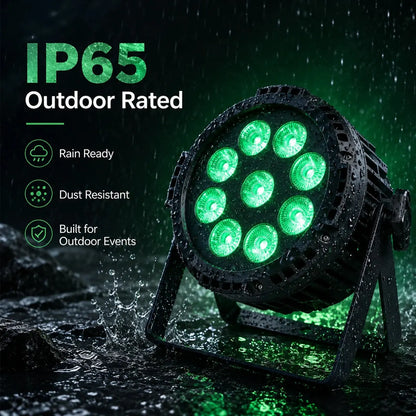 SurgeFX SF-BP918 IP65 outdoor rated LED par light infographic showing rain ready, dust resistant, and built for outdoor events.
