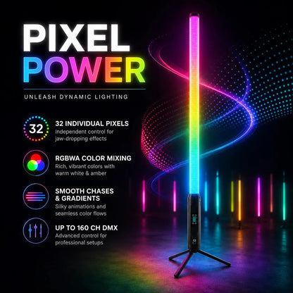 SurgeFX SF-BPT360 pixel tube light infographic showing 32 individual pixels, RGBWA color mixing, smooth chases, gradients, and up to 160 channel DMX control.