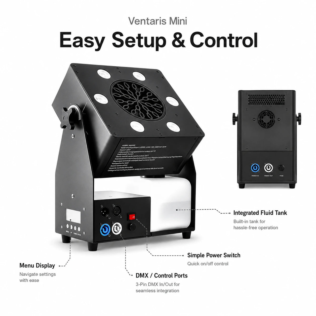 Controls and setup image for the SurgeFX Ventaris Mini LED bubble machine