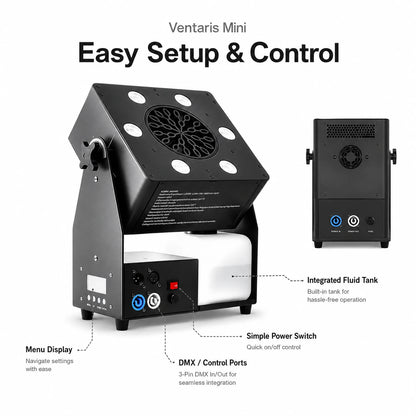 Controls and setup image for the SurgeFX Ventaris Mini LED bubble machine