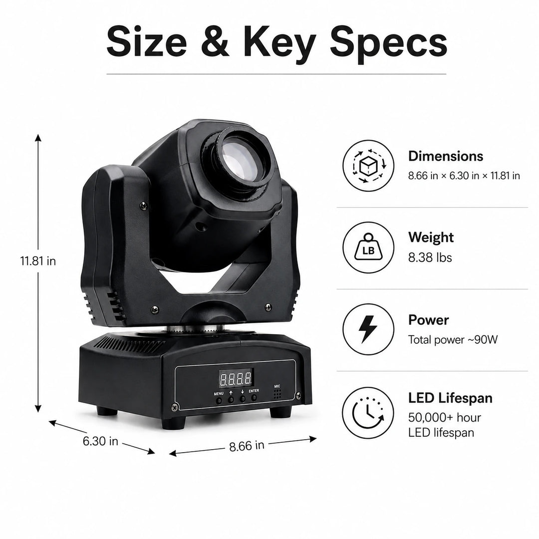Mini beam LED moving head light size and key specifications infographic showing dimensions, weight, power, and 50000 hour LED lifespan.