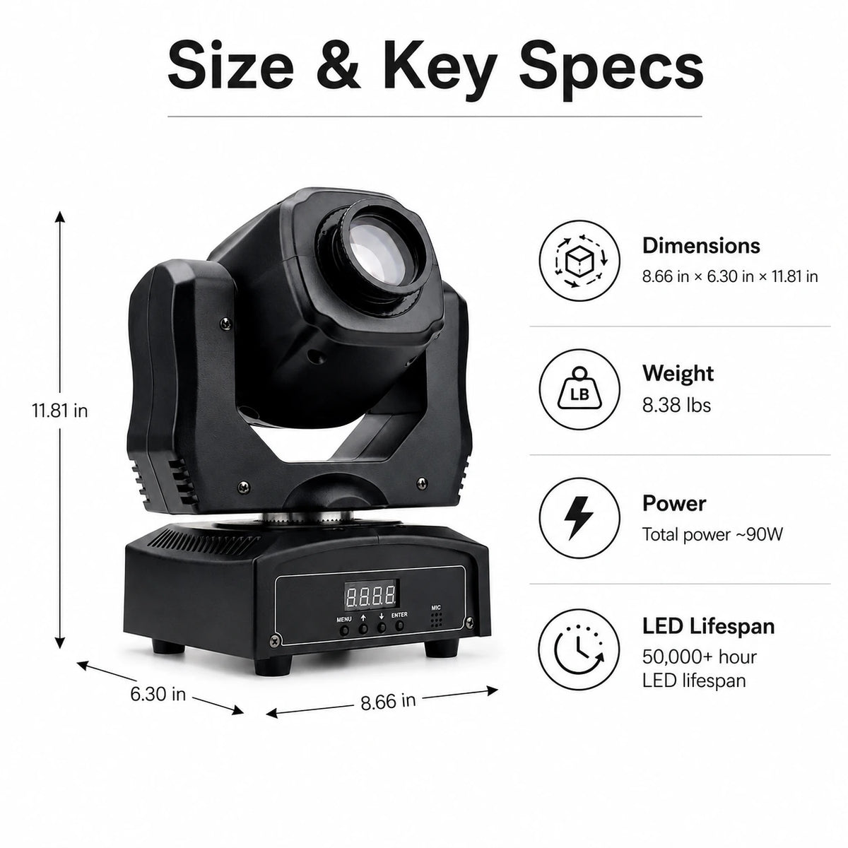 Mini beam LED moving head light size and key specifications infographic showing dimensions, weight, power, and 50000 hour LED lifespan.