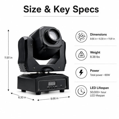 Mini beam LED moving head light size and key specifications infographic showing dimensions, weight, power, and 50000 hour LED lifespan.