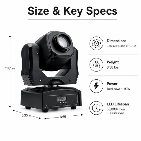 Mini beam LED moving head light size and key specifications infographic showing dimensions, weight, power, and 50000 hour LED lifespan.