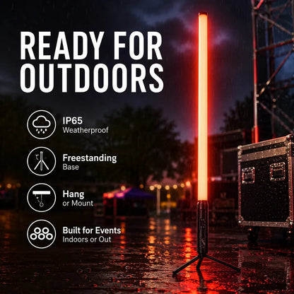 SurgeFX SF-BPT360 IP65 outdoor ready tube light infographic showing weatherproof use, freestanding base, hanging or mounting, and indoor or outdoor event applications.