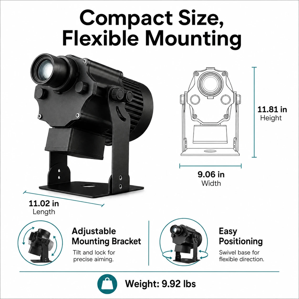 Gobo projector light size and mounting infographic with dimensions, adjustable mounting bracket, and swivel base.