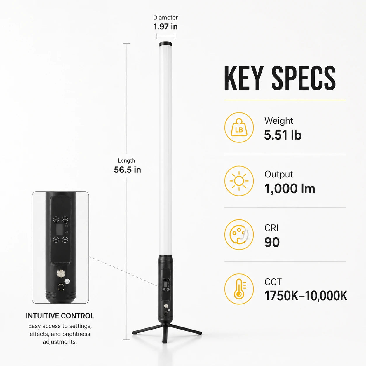 SurgeFX SF-BPT360 tube light key specifications infographic showing 56.5 inch length, 1.97 inch diameter, 5.51 pound weight, 1000 lumens, CRI 90, and 1750K to 10000K CCT.