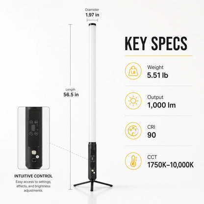 SurgeFX SF-BPT360 tube light key specifications infographic showing 56.5 inch length, 1.97 inch diameter, 5.51 pound weight, 1000 lumens, CRI 90, and 1750K to 10000K CCT.