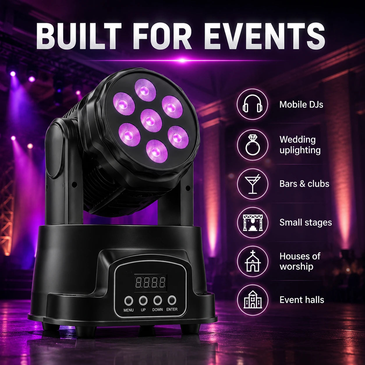 LED mini wash moving par light applications infographic for mobile DJs, wedding uplighting, bars and clubs, small stages, houses of worship, and event halls.