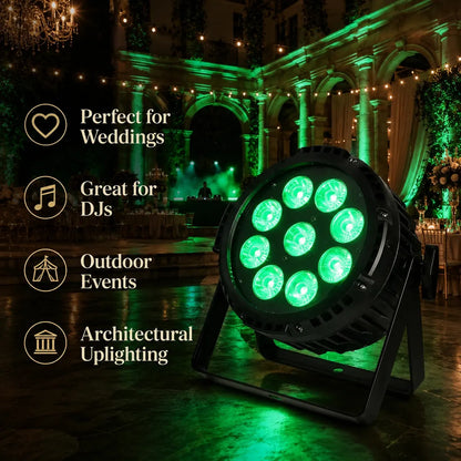 SurgeFX SF-BP918 LED par light applications infographic for weddings, DJs, outdoor events, and architectural uplighting.