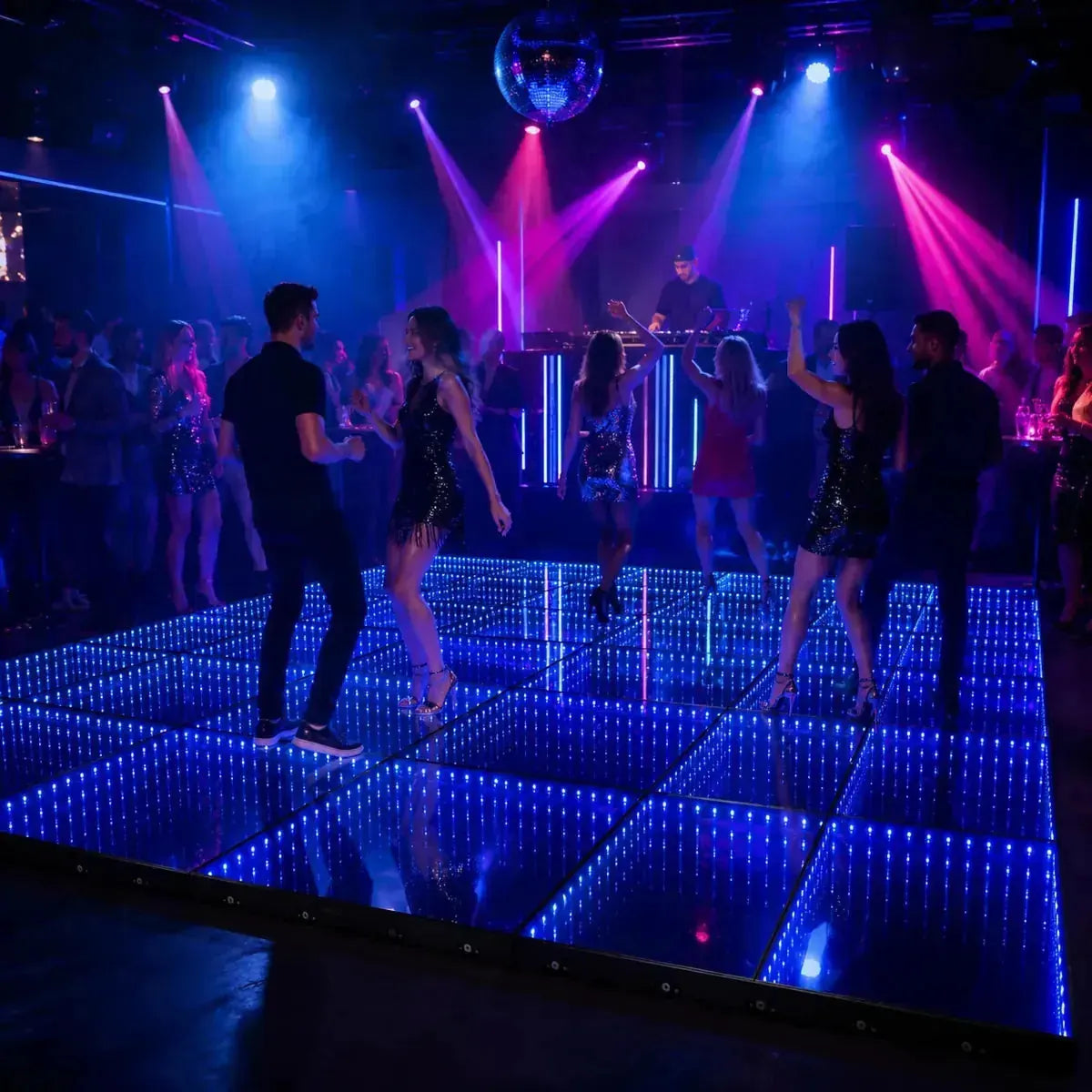 Infinity LED Magnetic Dance Floor creating vibrant nightclub atmosphere with dancers
