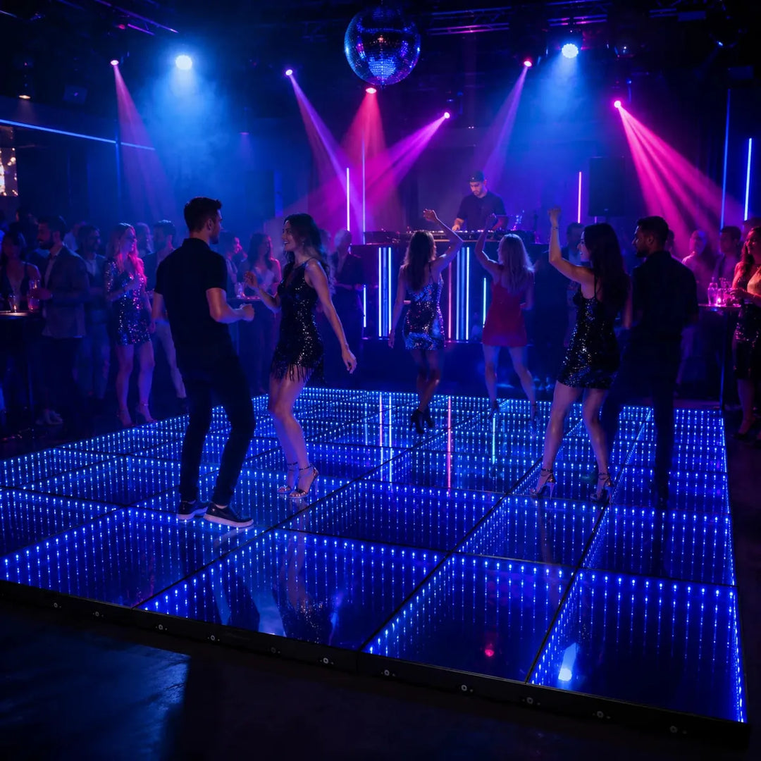 Infinity LED Magnetic Dance Floor creating vibrant nightclub atmosphere with dancers