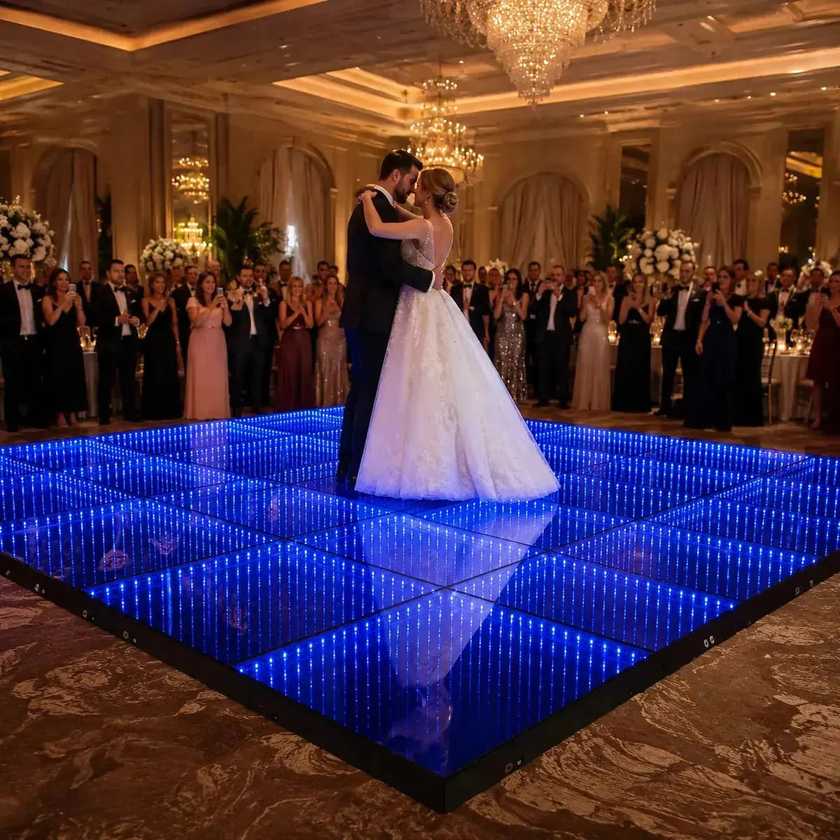 Infinity LED Magnetic Dance Floor illuminating elegant wedding reception dance area