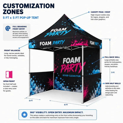 Customization zones infographic for a 5x5 custom printed foam party tent