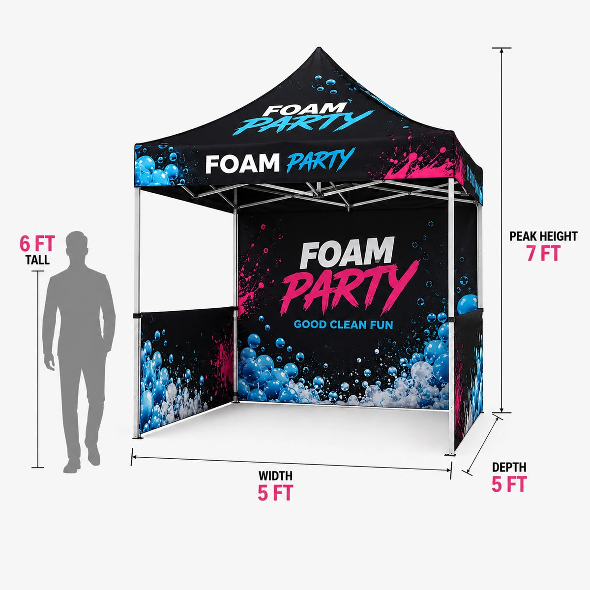 5x5 foam party tent dimensions infographic showing 5 ft width, 5 ft depth, and 7 ft peak height